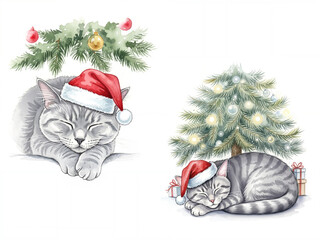 Sleeping gray cats in Santa hats under tree and garland for Christmas illustration