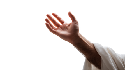 Raised human hand in prayer to God on transparent background, biblical symbol of worship and blessing, isolated PNG cutout for Christian design