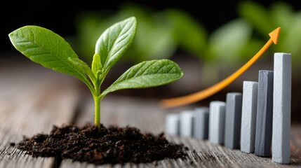 Green plant seedling growing next to ascending bar chart