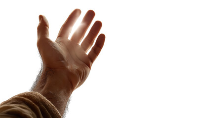 Raised human hand in prayer to God on transparent background, biblical symbol of worship and blessing, isolated PNG cutout for Christian design