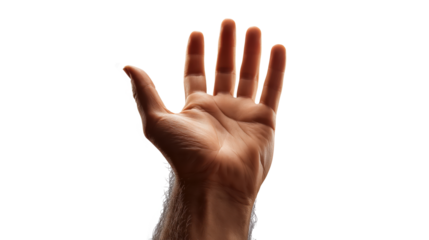 Raised human hand in prayer to God on transparent background, biblical symbol of worship and blessing, isolated PNG cutout for Christian design