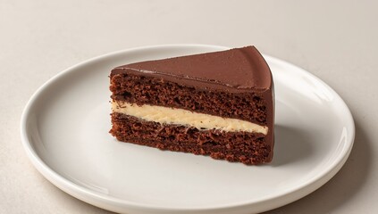 Delicious Dessert. A Slice of Chocolate Cake with Cream Filling on a White Plate.