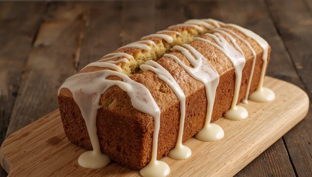 Delicious Loaf Dessert With Creamy Icing on a Wooden Board, Simple Pleasures.