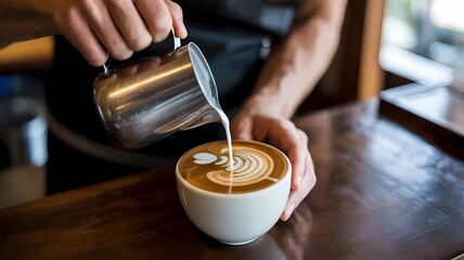 A barista pouring milk from a metal pitcher into a cup of coffee with latte art on a wooden table