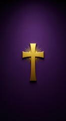 Obraz premium Brilliant golden religious cross icon centered on a deep textured royal purple fabric background, symbolizing spirituality and devotion ,worship, vibrant, ceremony