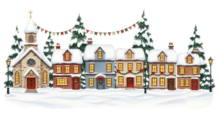 Charming winter village scene with a church, houses, snowcovered ground, and evergreen trees, decorated for the holidays