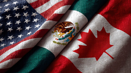Flags of the United States, Mexico, and Canada together representing North American unity and the 2026 football championship