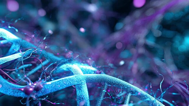 Futuristic animation of a DNA helix and glowing neural network - Powered by Adobe