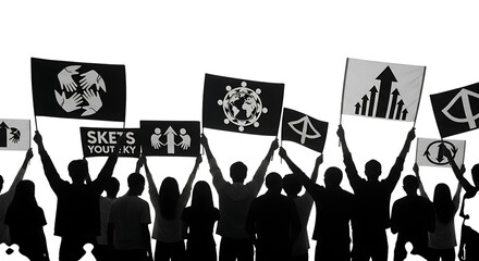 Silhouetted crowd, holding flags with symbols of unity growth and global connection, cutout, PNG isolated on white or transparent background