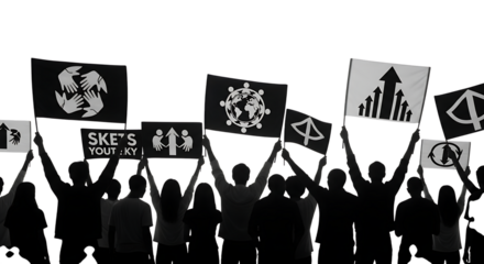 Silhouetted crowd, holding flags with symbols of unity growth and global connection, cutout, PNG isolated on white or transparent background