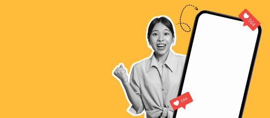 A joyful person expresses excitement while interacting with a smartphone surrounded by vibrant colors. The scene captures a lively atmosphere as social media notifications appear.