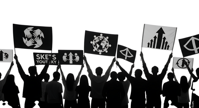 Silhouetted crowd, holding flags with symbols of unity growth and global connection, cutout, PNG isolated on white or transparent background