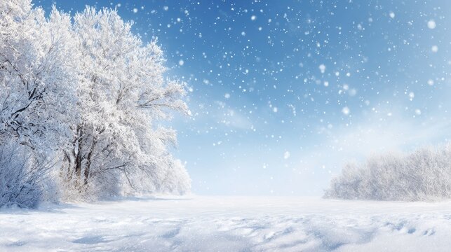 Serene snowy forest in daylight. Frosted trees and falling snow create tranquil winter scenery with bright blue gradient sky - Powered by Adobe