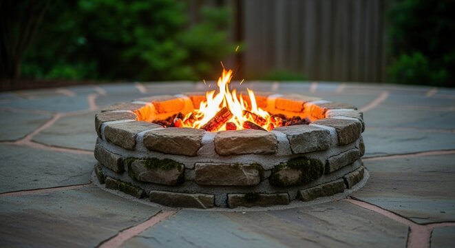 A rustic stone fire pit with a burning fire on a flagstone patio. Glowing embers and logs creating a cozy atmosphere in a backyard setting at dusk