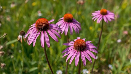 Fototapeta premium Floral Arrangement. Purple Blooms Against Verdant Backdrop, A Summer Day Dream.