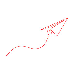 Paper plane with dotted line travel and route symbol in line style, Origami paper airplane, Black linear paper plane icon.