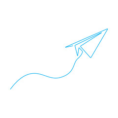 Paper plane with dotted line travel and route symbol in line style, Origami paper airplane, Black linear paper plane icon.