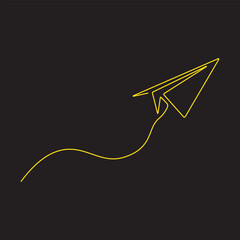 Paper plane with dotted line travel and route symbol in line style, Origami paper airplane, Black linear paper plane icon.