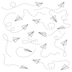 Paper plane with dotted line travel and route symbol in line style, Origami paper airplane, Black linear paper plane icon.