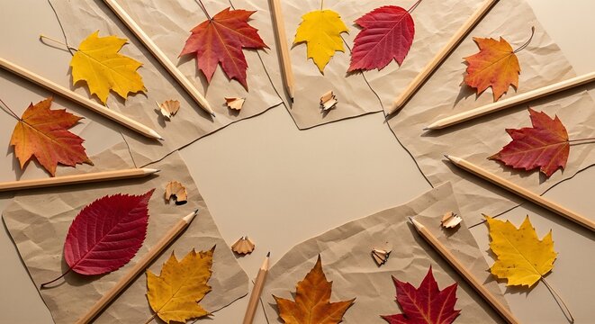 Colorful autumn leaves and pencils creatively arranged on textured paper for seasonal art concepts. - Powered by Adobe