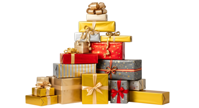 A tall pyramid of various colorful gift boxes with ribbons and bows