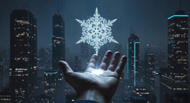Human hand reaching up to a futuristic glowing snowflake hologram above a dark, cyberpunk city skyline.