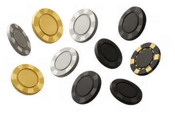 Casino poker chips falling, representing gambling success, luxury stakes, and wealth in money games with transparent background