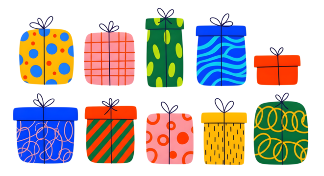 A collection of ten colorful and patterned gift boxes with bows