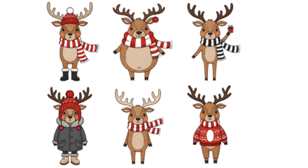 Set of six cute cartoon reindeer wearing winter hats and scarves