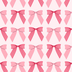 Cute pink seamless pattern with striped bows. Yoke-style clothing design for girls. Gift packaging design.
