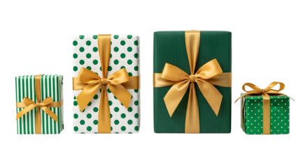 Four elegant green and white gift boxes with gold ribbons, featuring striped and polka dot patterns