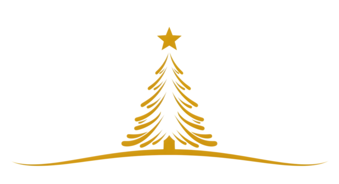Golden christmas tree with a star on top and a decorative wavy line underneath