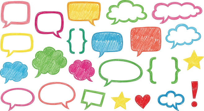 Hand Drawn Colorful Speech Bubbles and Symbols Collection on White Background