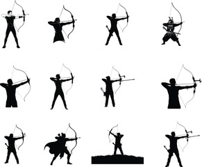 Collection of dynamic silhouettes of archers in various poses drawing and releasing arrows in action