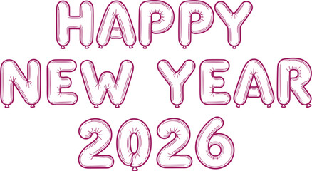 Shiny pink foil balloons spell out happy new year 2026 against a white background