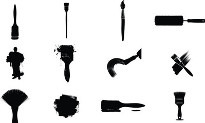 Collection of silhouetted objects including tools people and abstract shapes on a white background