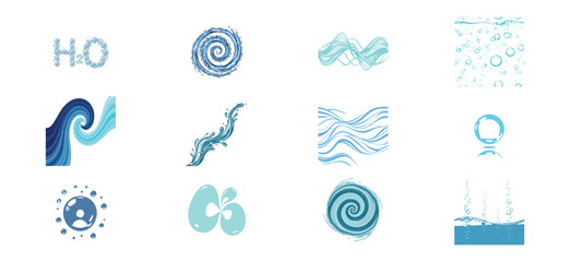 Collection of abstract blue watercolor splashes and swirls representing water elements and fluid motion