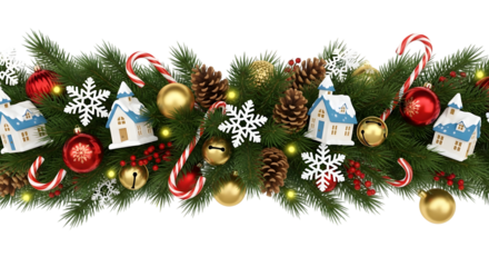 A festive christmas garland adorned with evergreen branches, pine cones, red baubles, golden bells, snowflakes, candy canes, and miniature houses, isolated on a transparent background