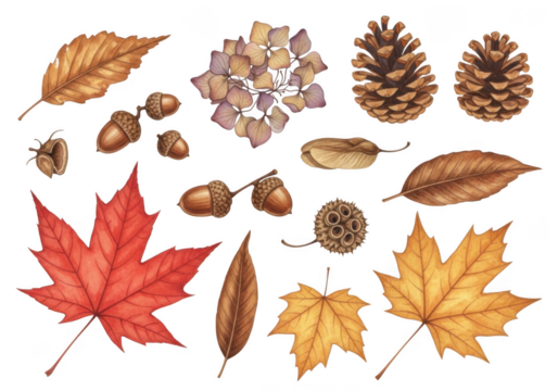 Collection of autumn leaves, acorns, pine cones, and dried hydrangea flowers isolated on transparent background