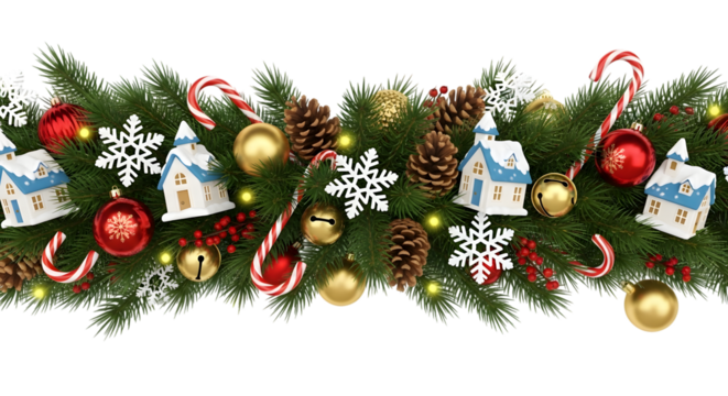 A festive christmas garland adorned with evergreen branches, pine cones, red baubles, golden bells, snowflakes, candy canes, and miniature houses, isolated on a transparent background