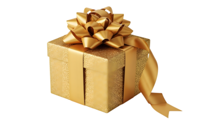 A sparkling gold gift box with a large bow and ribbon