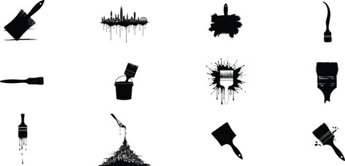 Collection of diverse art and craft tools including paintbrushes and drawing implements in silhouette and color