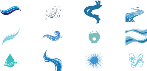 Collection of abstract blue and turquoise fluid and liquid art elements and designs with organic and flowing shapes