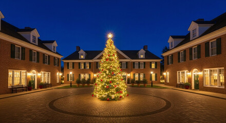 Radiant Christmas Tree Adorns a Luxurious Estate Courtyard at Dusk, Creating a Whimsical Winter Wonderland and Festive Holiday Ambience