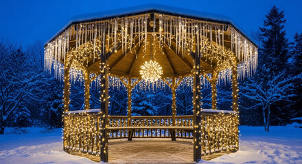 An illuminated festive gazebo, aglow with shimmering lights and icicles, beautifully stirring the magic of a serene winter wonderland