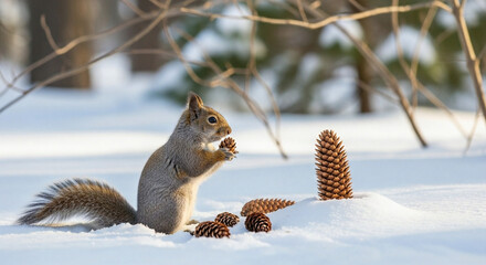 A charming red squirrel finds a delightful winter feast among snow-covered pinecones, showcasing its agile foraging skills in the serene, frosty forest
