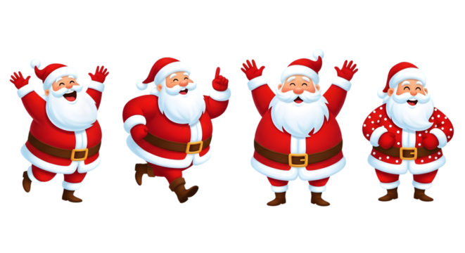 Four cheerful santa claus characters in different poses