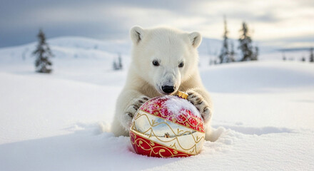 An adorable polar bear cub joyfully explores a vibrant Christmas ornament in its pristine snowy winter habitat, embodying playful holiday spirit in the Arctic