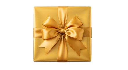 A square golden gift box with a satin ribbon and bow, presented elegantly on a transparent background for a luxurious feel