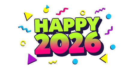 Happy 2026 text with colorful confetti and streamers isolated on transparent background